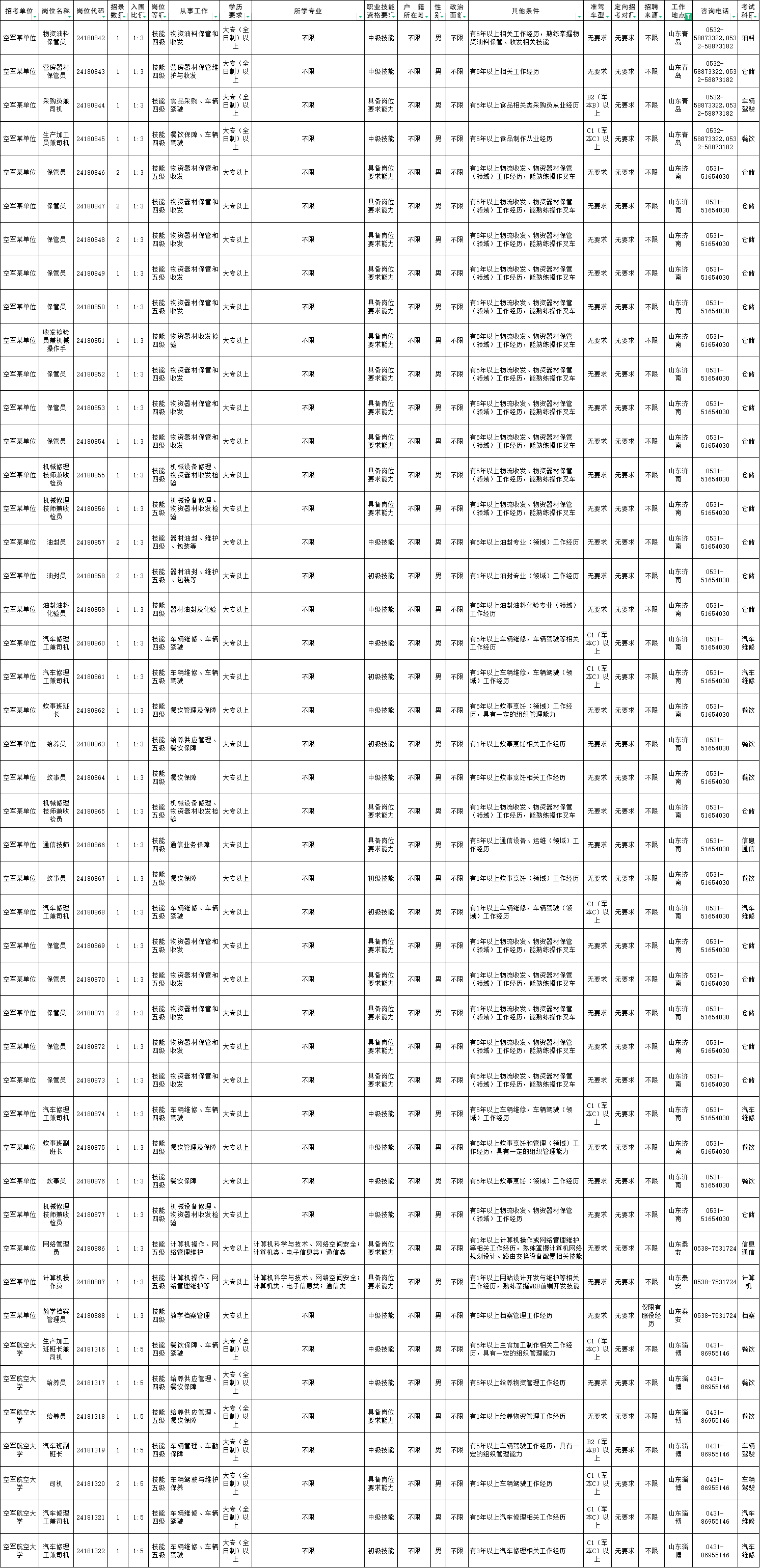 2024空军军队文职招聘职位表|山东53人